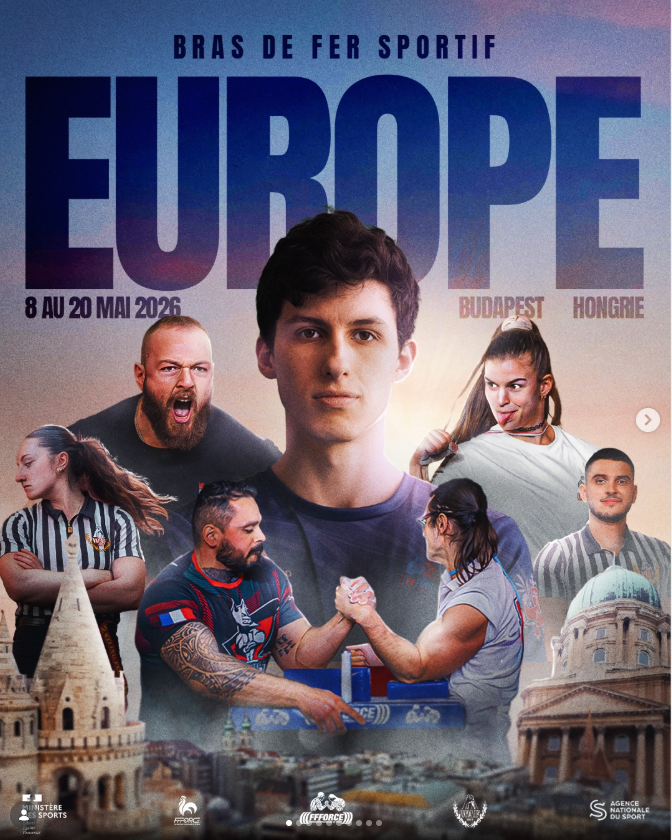 Affiche officielle des Championnats d'Europe de Bras de Fer Sportif 2026 — FFForce, Ministère des Sports, Agence Nationale du Sport — Budapest, 8 au 20 mai 2026